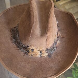 Brown Suede Hat with Feather Detail